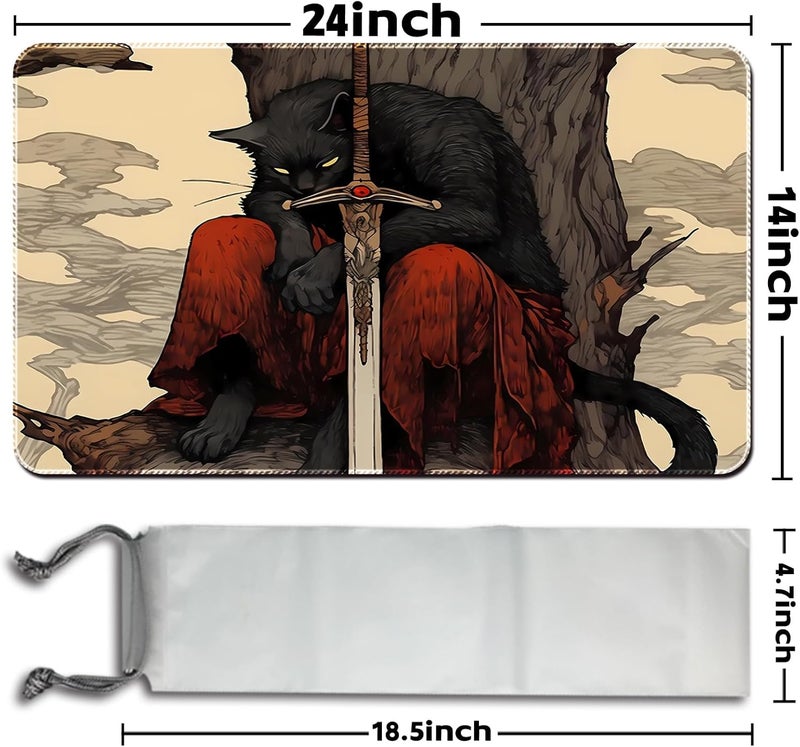 April Space Playmat Board Game MTG Duel Playmat Trading Card 24 x 14in Stitching Edges Compatible for TCG CCG RPG OCG with Card Zones + Including Storage Bags (Cat Swordsman,No Zone) - Image 2